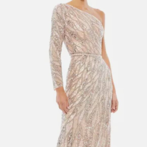 MAC DUGGAL 4982 EMBELLISHED ONE SLEEVE W/ SEQUIN BELT ROSE GOLD GOWN sz 8 - Picture 3 of 6